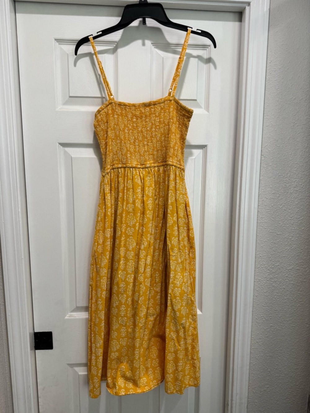 Women’s Yellow Floral Midi Dress with Smocked Bodice with pockets